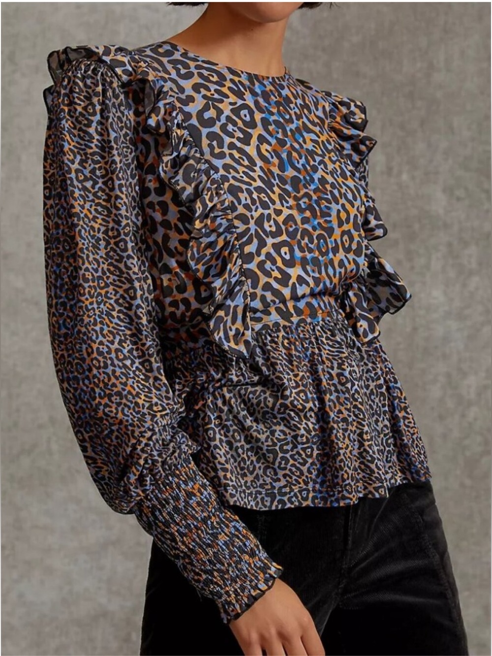 Anthropologie Bl^nk London Moira Leopard Print Ruffle Peplum Top Large NWOT